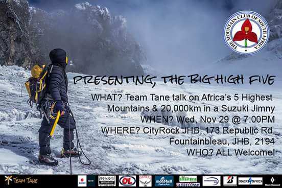 TeamTane2's tweet photo. Don't miss out on our talk about Africa's 5 highest mountains tomorrow night! @Osprey_ZA #travel #GlobalEntrepreneurshipSummit https://t.co/pQkt4o8gvE