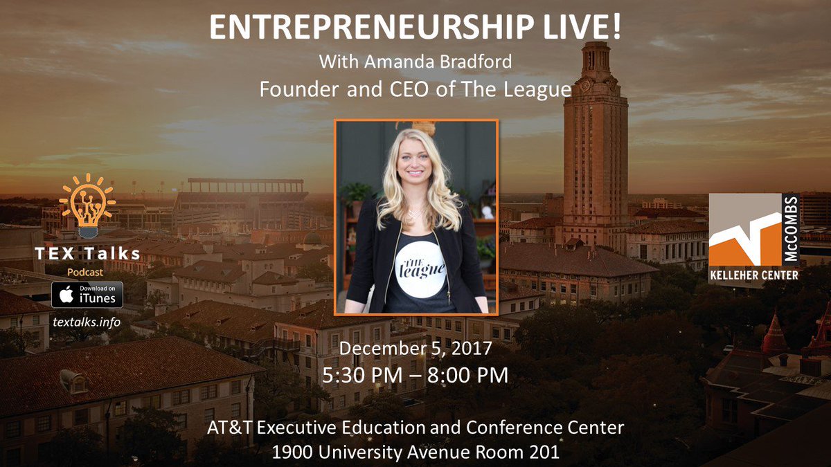 Next Tuesday come hear how <a href="/amandabradford/">Amanda Bradford</a> and <a href="/theleague/">The League</a> take the guesswork out of online dating for ambitious, busy singles! RSVP at bit.ly/2idPhFz! @UT_KelleherCntr <a href="/UTexasMcCombs/">Texas McCombs</a> <a href="/AustinInno/">Austin Inno</a> #whymccombs #textalks