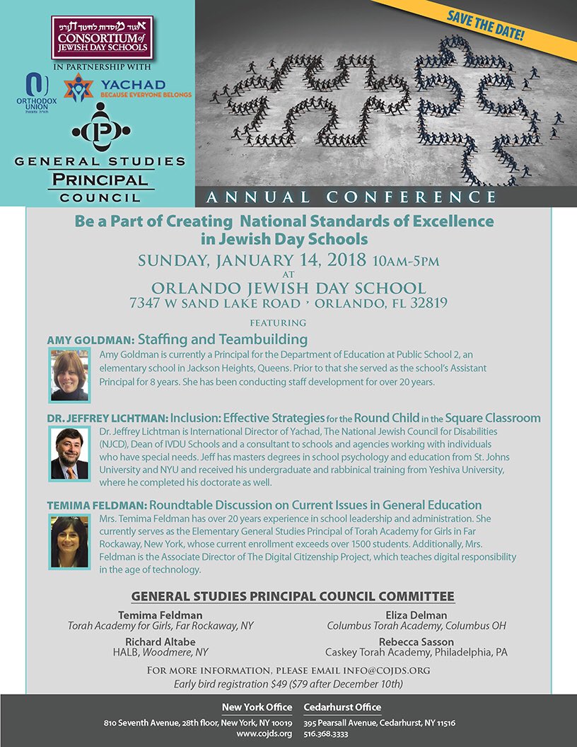 Cold outside? Book your tickets to sunny Orlando FL for our #JewishDaySchools general studies #Principal's conference! In partnership with <a href="/YachadNJCD/">Yachad</a>!