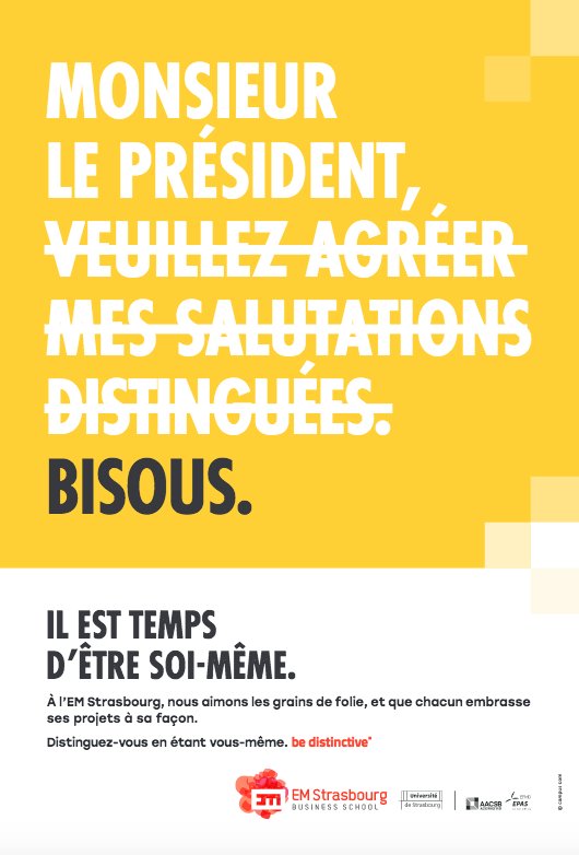 SOuezman's tweet photo. #JADORE ! « Monsieur le président… Bisous ! 💋» et « Pardonnez moi de m'excuser 🙇‍♀️ » ! Coup de 💓 pour la nouvelle #campagne de #communication de l'@EMStrasbourg. 👏 On vous la présente très vite sur le site @espaceprepas. https://t.co/U6zCBgJXWf https://t.co/hcwiBrPIex