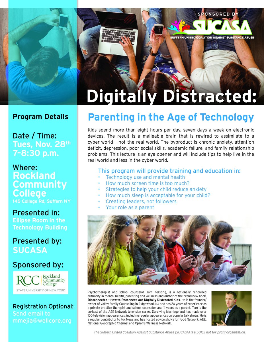 SUNYRockland's tweet photo. Are your kids digitally distracted? Digitally Distracted: Parenting in the Age of Technology wit Psycotherapist @tomkersting - Tuesday, November 28, 7pm https://t.co/fYb619A0Ke #RocklandCommunityCollege #digitialage #cyberworld https://t.co/NWbFJhlFJo