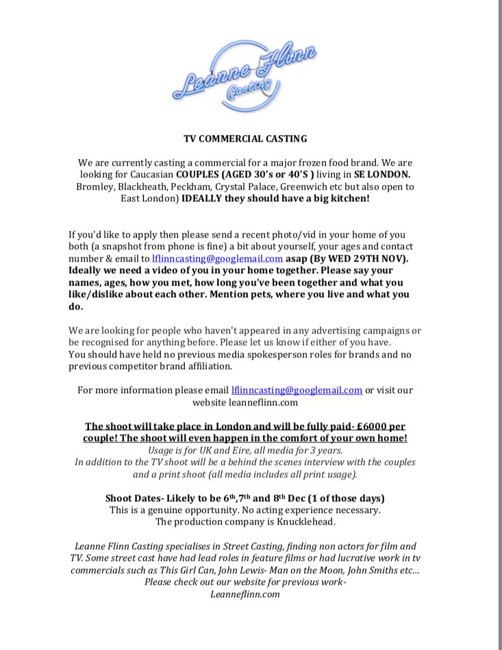 @MumsnetBromley #casting Couples who have a big kitchen and live in #southeastlondon #SELDN £6000 per couple &amp; they shoot in your home for frozen food TV Commercial. Couples with big kitchen! See flyer &amp; apply ASAP!! RT