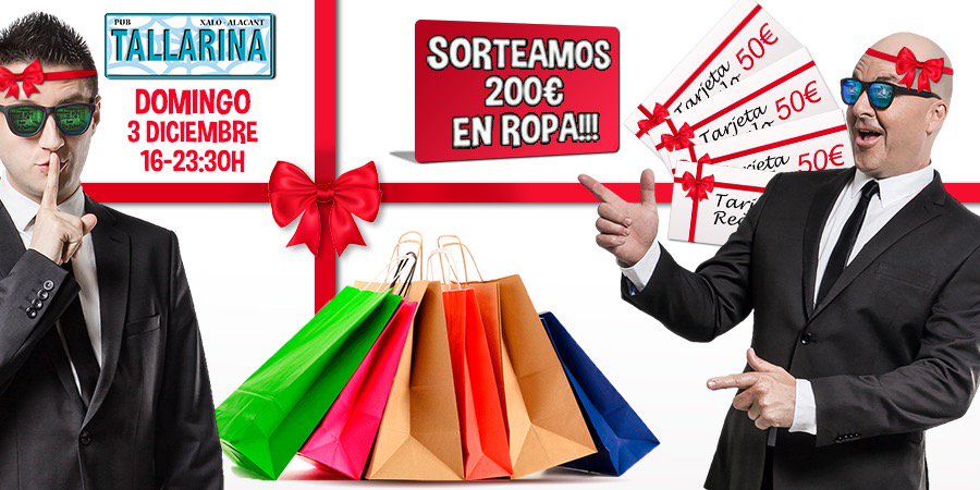 CanTallarina's tweet photo. Este domingo en @CanTallarina os vamos a poner guapos! Con tu cubata sorteamos 200€ en Cheques Regalo en ropa de vestir!🛍 Es casi navidad y queremos premiar a nuestros clientes con 4 cheques de 50€ para que gasten en ropaaaa!!👏👏
#SantiBertomeu #AlexWatkinson #Tallarina #Xaló https://t.co/WSUpG0prBa