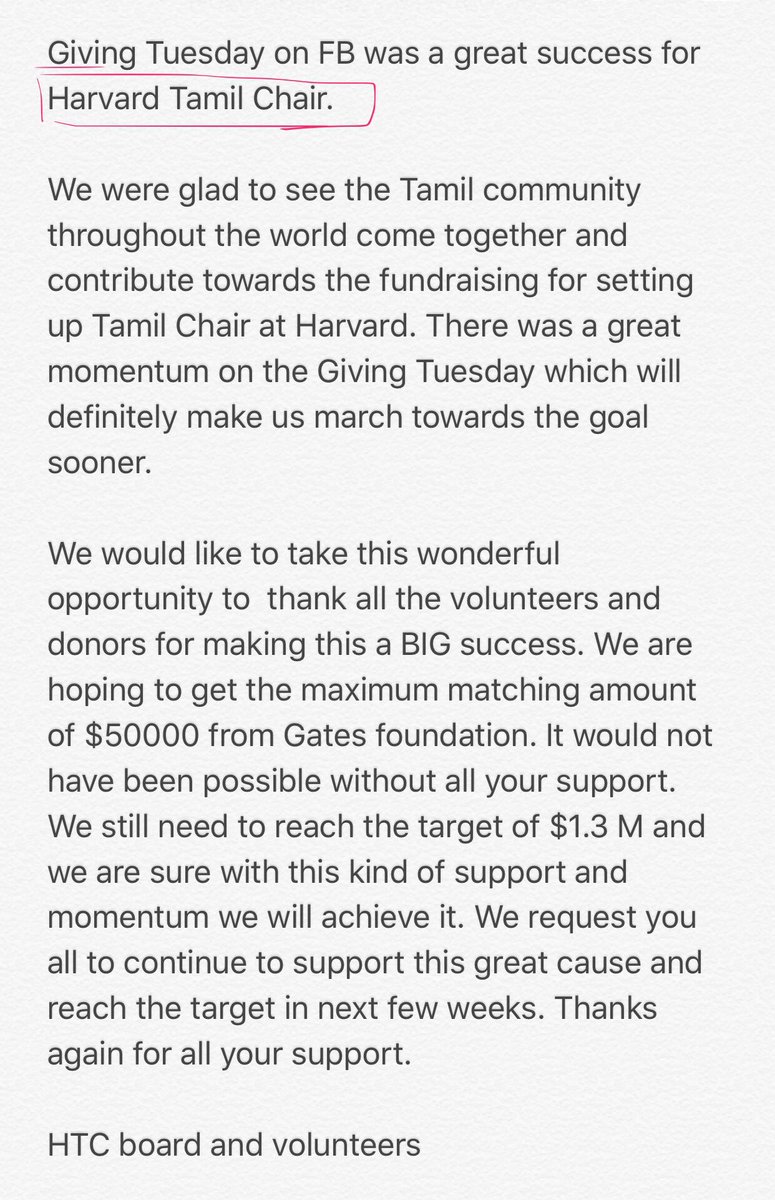 TamilChairInc's tweet photo. So thankful to Bill&amp;Melinda Gates for their incredible generosity. Thank you also to all the donors and volunteers who made "Giving Tuesday" on face book fundraising a great success for #HarvardTamilChair. 🙏🏻 @BillGates @melindagates @BillGatesFeed @BillGatesFans @HarvardTamil https://t.co/n6dabWDzD4