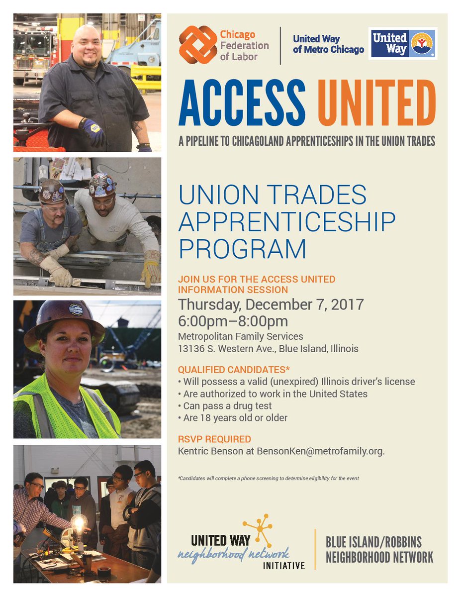 BIRNNetwork's tweet photo. Interested in trades? RSVP to our information session to learn more about Access United's Union Trades Apprenticeship Program! December 7th from 6-8pm at Metropolitan Family Services in Blue Island.  #TradeProgram #LiveUnited @unitedwaychi #BlueIsland #Robbins https://t.co/Q89mIgxnWn