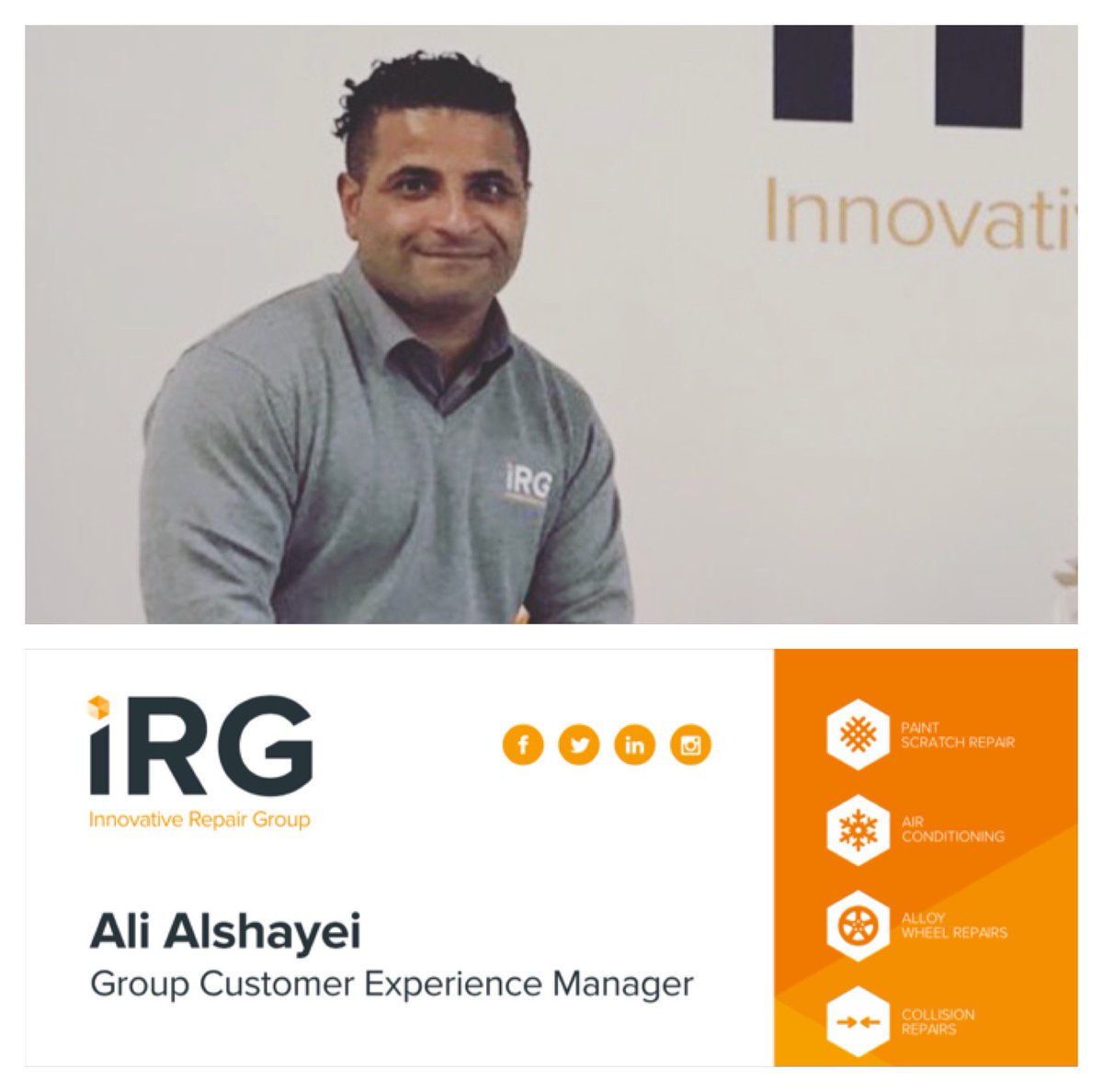 iRG_RepairGroup's tweet photo. Why meet customersโ expectations when you can exceed them??
Meet Ali Alshayei. Ali has joined @iRG_RepairGroup in the role of Customer Experience Manager. He will oversee our customer service departments to deliver a โbest in classโ customer service experience #TeamiRG https://t.co/6Hk2RAHUvp