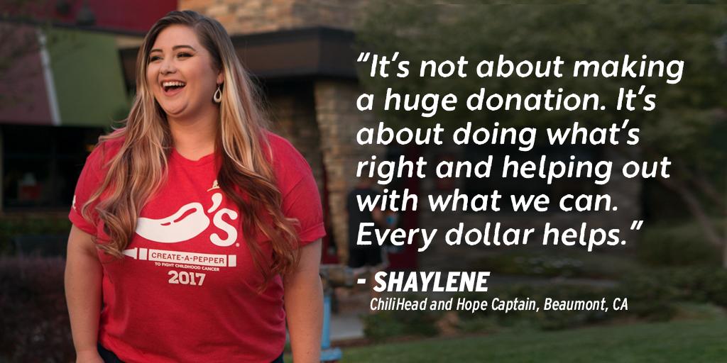 Chilis's tweet photo. Shaylene defines the spirit of our #CreateAPepper campaign to end childhood cancer.  Support  @StJude and donate today. https://t.co/9EYWJBLXi1