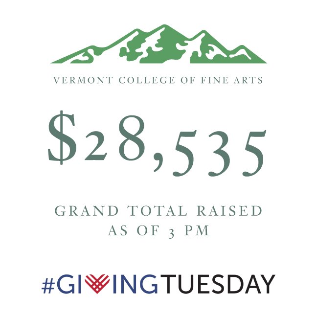 VCFA's tweet photo. We're over halfway through #GivingTuesday and we have reached our $10,000 match challenge. As of 3 pm, we've reached $28,535! Keep 'em coming! Head over to https://t.co/yoV3X8TTQT for funding total updates! #SupportVCFA #VCFAlove #artmorethanever @givingtues https://t.co/QaMRe6gmy9