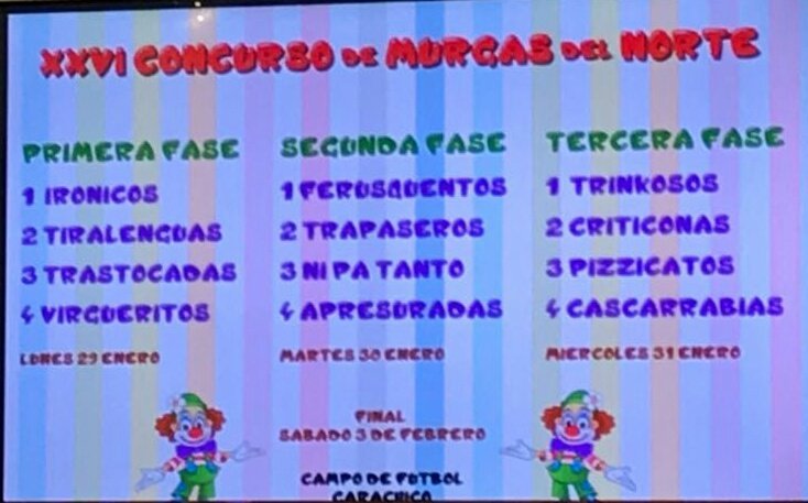 HGonar's tweet photo. Certamen de Murgas del Norte 
Del Lunes 29 de enero al sábado 3 de febrero. 

Orden de actuación de las tres fases. https://t.co/uj8BawUTGa