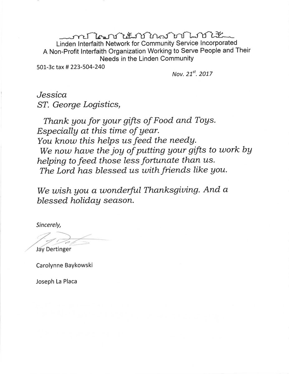 STGLogisticsCHS's tweet photo. #GivingTuesday We received this touching thank you note from Linden Interfaith Network for Community Service Incorporated for the food and toys that our @stglogisticslin facility dropped off in time for Thanksgiving. https://t.co/OiIKXLDtNc