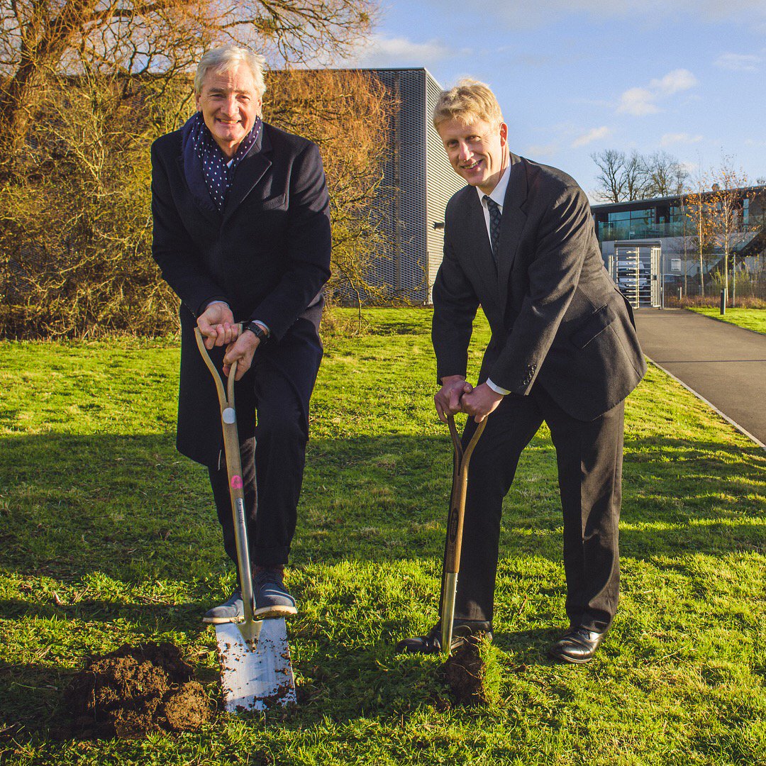 Dyson's tweet photo. James Dyson and @JoJohnsonUK cut the turf for the undergraduate village at the Dyson Institute of Engineering and Technology: https://t.co/1neQGiR6p2 https://t.co/IzDovwQFJM