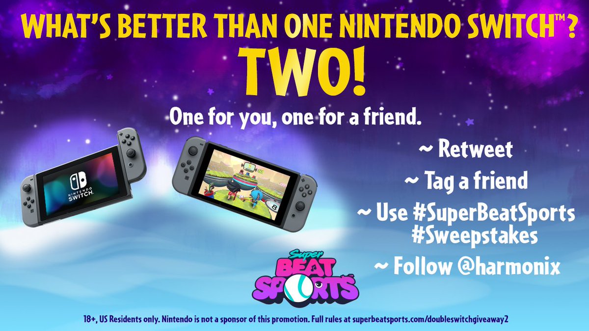 Harmonix's tweet photo. Super Beat Sports is out now on the Nintendo Switch! Need a Switch for you and a friend? Retweet and tag a friend using #SuperBeatSports and #Sweepstakes for a chance to win! https://t.co/iAGaERzpKO