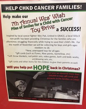 DAPoolsandSpas's tweet photo. Help us fill the box for #JediWes' annual #toydrive!  Bring an unwrapped toy, gift card, blanket, clothing, or personal care product to be given to a #CHKDCancerWarrior! https://t.co/3XVYUTAi63