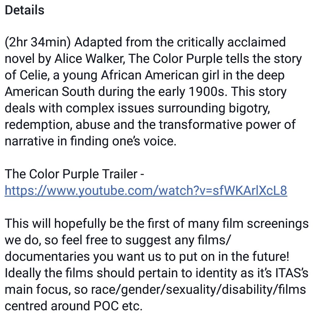 In an hour we're going to be screening The Color Purple! Come along with snacks ☺