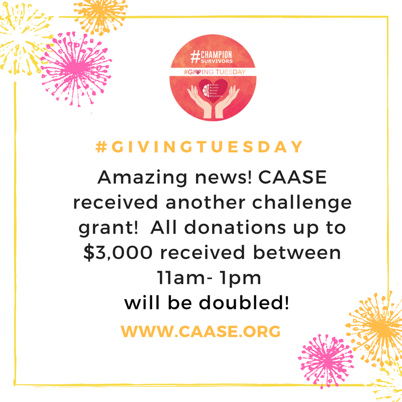TheCAASE's tweet photo. What an amazing opportunity to give and have your donations DOUBLED...all thanks to an anonymous donor! It's a GivingTuesday kind of day! #GivingTuesday #CAASE https://t.co/Y6QJgP8h0U