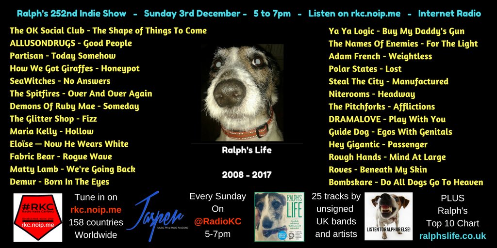 Ralph's Indie Show

Sunday 3rd December on <a href="/RadioKC/">#𝗥𝗞𝗖</a> 

5-7pm

Tracks inc:

<a href="/theoksocialclub/">The OK Social Club</a> 
<a href="/allusondrugs/">allusondrugs</a> 
<a href="/Wearepartisan/">Partisan</a> 
<a href="/WeGiraffes/">How We Got Giraffes</a> 
<a href="/sea_witches/">SeaWitches</a> 
<a href="/thespitfiresuk/">The Spitfires</a> 
<a href="/DemonsofRubyMae/">Demons of Ruby Mae</a> 
<a href="/theglittershop/">The Glitter Shop</a> 
@mariakellymusic 
@EloiseFlora 
@FabricBearBand 
<a href="/lamb_matty/">Ned 🍋</a> 
<a href="/wearedemur/">Demur</a>
