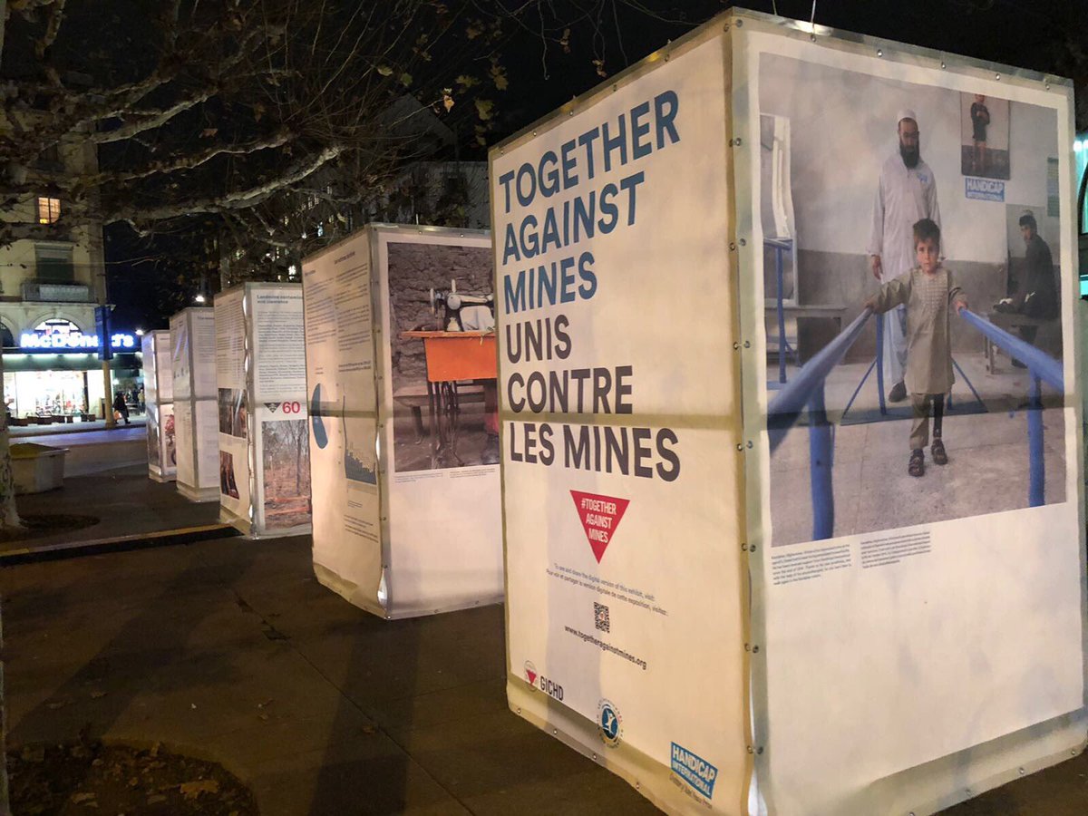 MineBanTreaty's tweet photo. The #OttawaProcess brought about #change! We remember those efforts, later successes & remaining challenges for a #LandmineFree2025. A public photo exhibit now in Plainpalais & 4Dec @ the #BrokenChair in #Geneva #20yrsLandmineBan #TogetherAgainstMines https://t.co/LQ4I3SXz9I