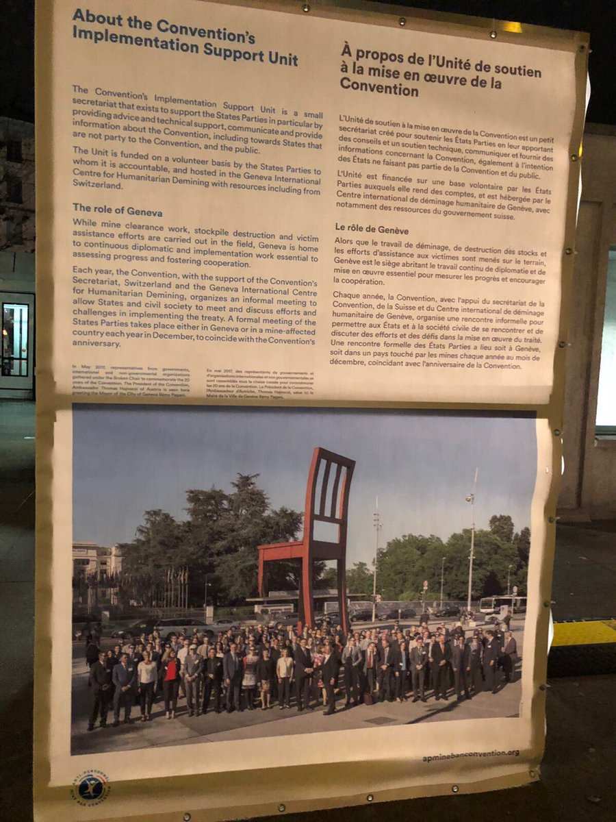MineBanTreaty's tweet photo. The #OttawaProcess brought about #change! We remember those efforts, later successes & remaining challenges for a #LandmineFree2025. A public photo exhibit now in Plainpalais & 4Dec @ the #BrokenChair in #Geneva #20yrsLandmineBan #TogetherAgainstMines https://t.co/LQ4I3SXz9I