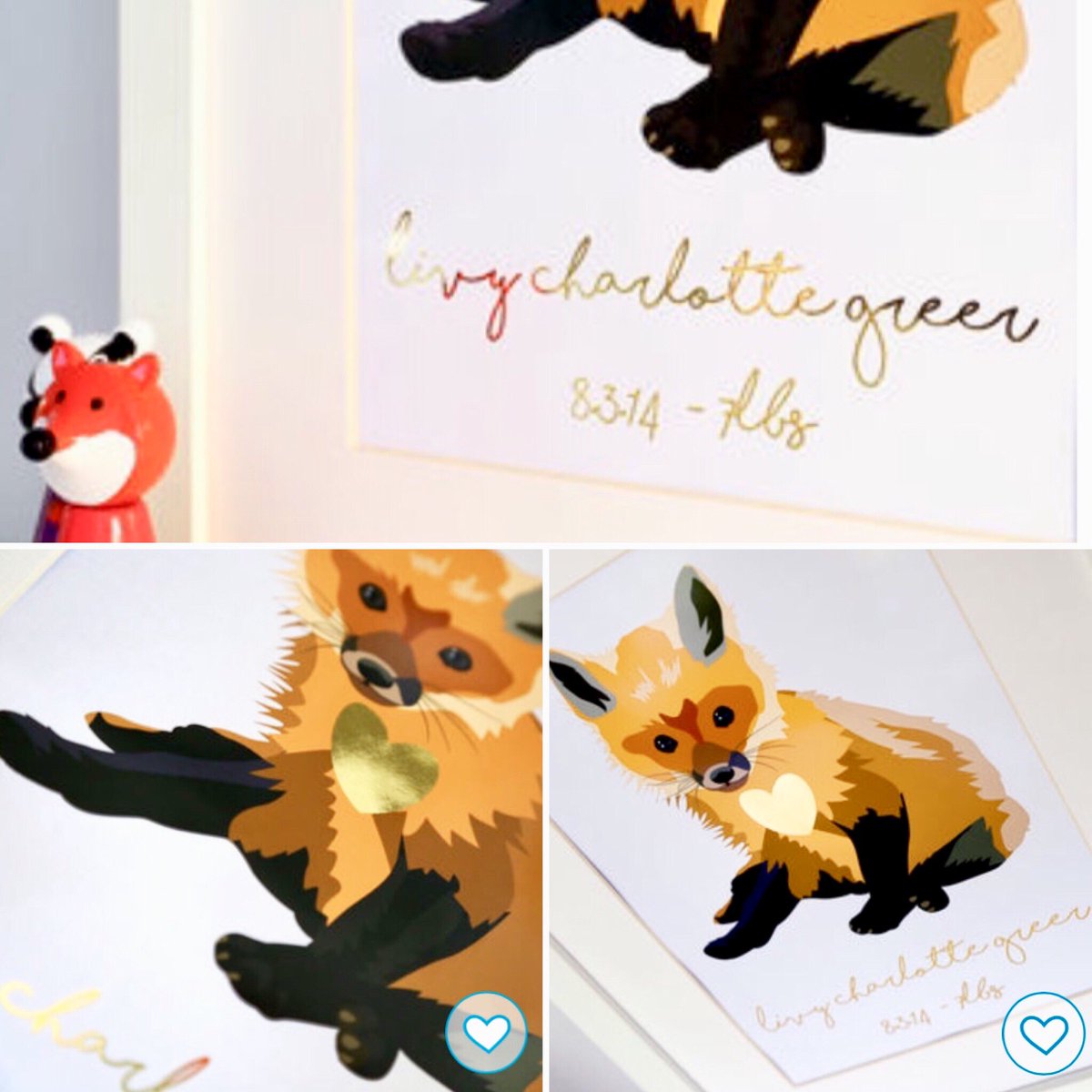 Personalised baby gift 🎁 Fox 🦊 cub with gold foil heart 💛  baby name, DOB &amp; weight. lifeillustrated.co.uk beautiful in any nursery 😊