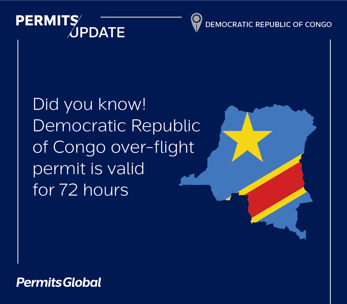 PermitsGlobal's tweet photo. Did you know!

#PermitsUpdate #PermitsGlobal #DemocraticRepublicOfCongo #FlightPermission #OverflightPermit #LandingPermit #Aviation https://t.co/f2RXHxXwXk