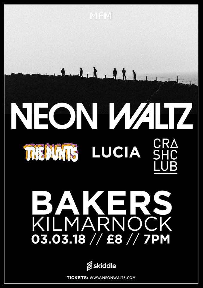 Supporting <a href="/neonwaltz/">Neon Waltz</a> for their Kilmarnock date of their UK tour with Crash Club + LUCIA. Tickets available 30th Nov on <a href="/skiddle/">Skiddle</a>.