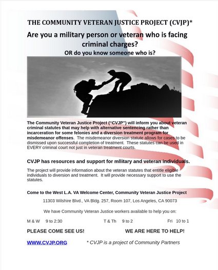 LAVetsCollab's tweet photo. #Military & #Veterans facing felony or misdemeanor criminal charges:
Be Informed of available services. The Community Veteran Justice Project #CVJP, a project of Community Partners, can help!! #AlternativeSentencing #VeteranStatutes #DiversionTreatment
https://t.co/oHWK8tjAli https://t.co/owaRai0X4w