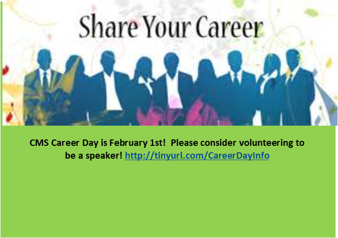 Counselors_CMS's tweet photo. CMS Career Day is February 1st! We would love to have you as a speaker! More information can be found at https://t.co/wmMnxZzEm8 https://t.co/8MByNeTopW