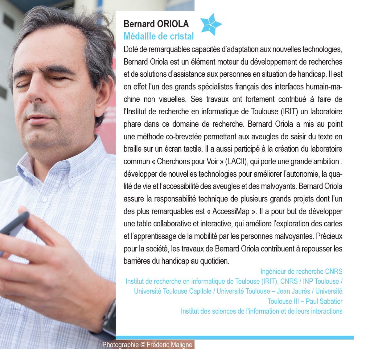 CNRS_Toulouse's tweet photo. Toutes nos félicitations vont aussi à Bernard Oriola #talents2017 qui travaille à @IRIT_UMR5505 et qui est lauréat de la médaille de cristal cc @INS2I_CNRS https://t.co/V9HBlhiubm