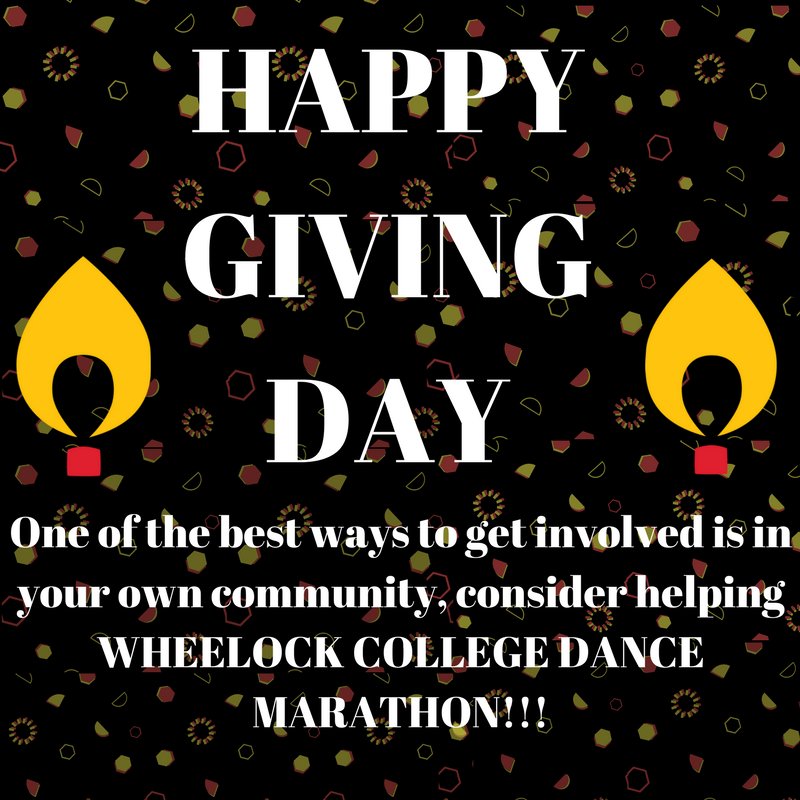 WheelockDM's tweet photo. Happy #GivingTuesday!! Today we are celebrating giving Tuesday and encouraging our community ti help us raise money for Boston Children's Hospital! Please consider donating! #Wheelockcollege #DanceMarathon #WheelockDM #Spreadtheflame2017 #FTK #Fueltheflame2017 #GivingTuesday https://t.co/fTiFrW1Byq