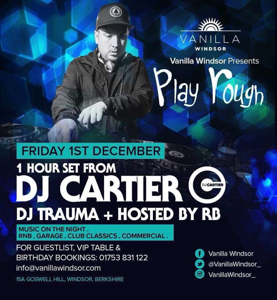 All tables SOLD OUT this friday <a href="/VanillaWindsor_/">Vanilla Windsor</a> for ‘PlayRough’ with DJ Cartier! Guestlist 07827275164 😎