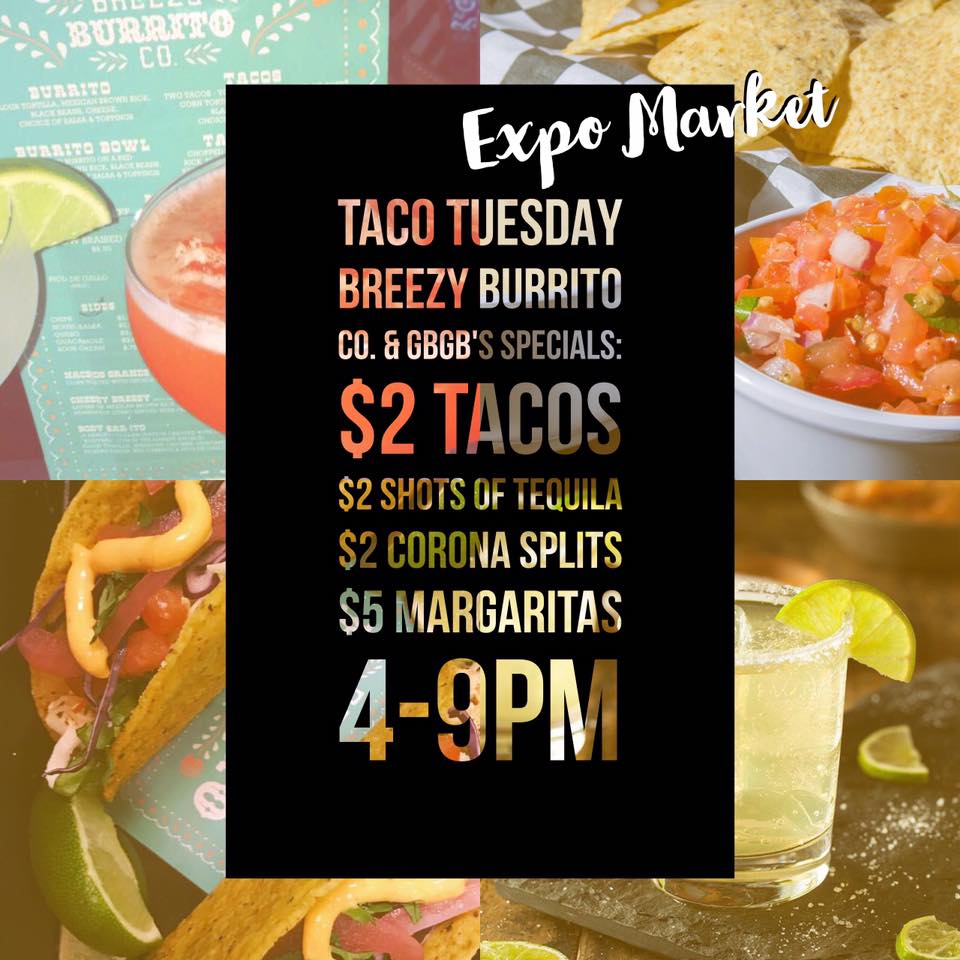 ExpoBuffalo's tweet photo. 5 Restaurants, 1 Bar, All in 1 Place! 
Taco Tuesday from 4-9pm @Expo! $2 Tacos at Breezy Burrito Co.! $2 shots of Tequila &amp; Corona splits, &amp; $5 Margaritas at GBGB! https://t.co/nbiMQAU3ZL