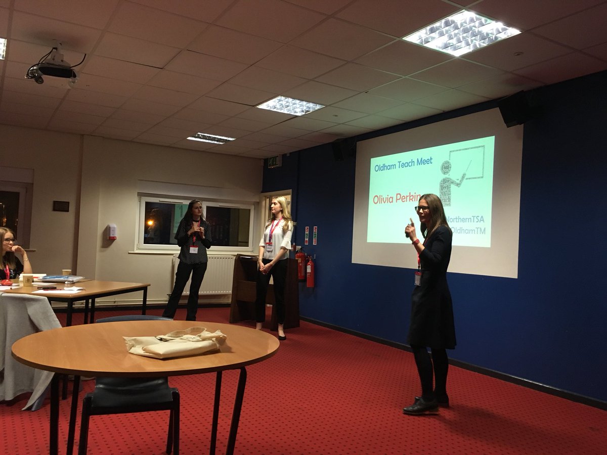 EMTeachingHub's tweet photo. Olivia Perkin and her able assistants, telling us about practical ways to teach MFL. Looks like great fun and an effective way to learn #tmoldham #teachmeet https://t.co/MQrdkijtI3