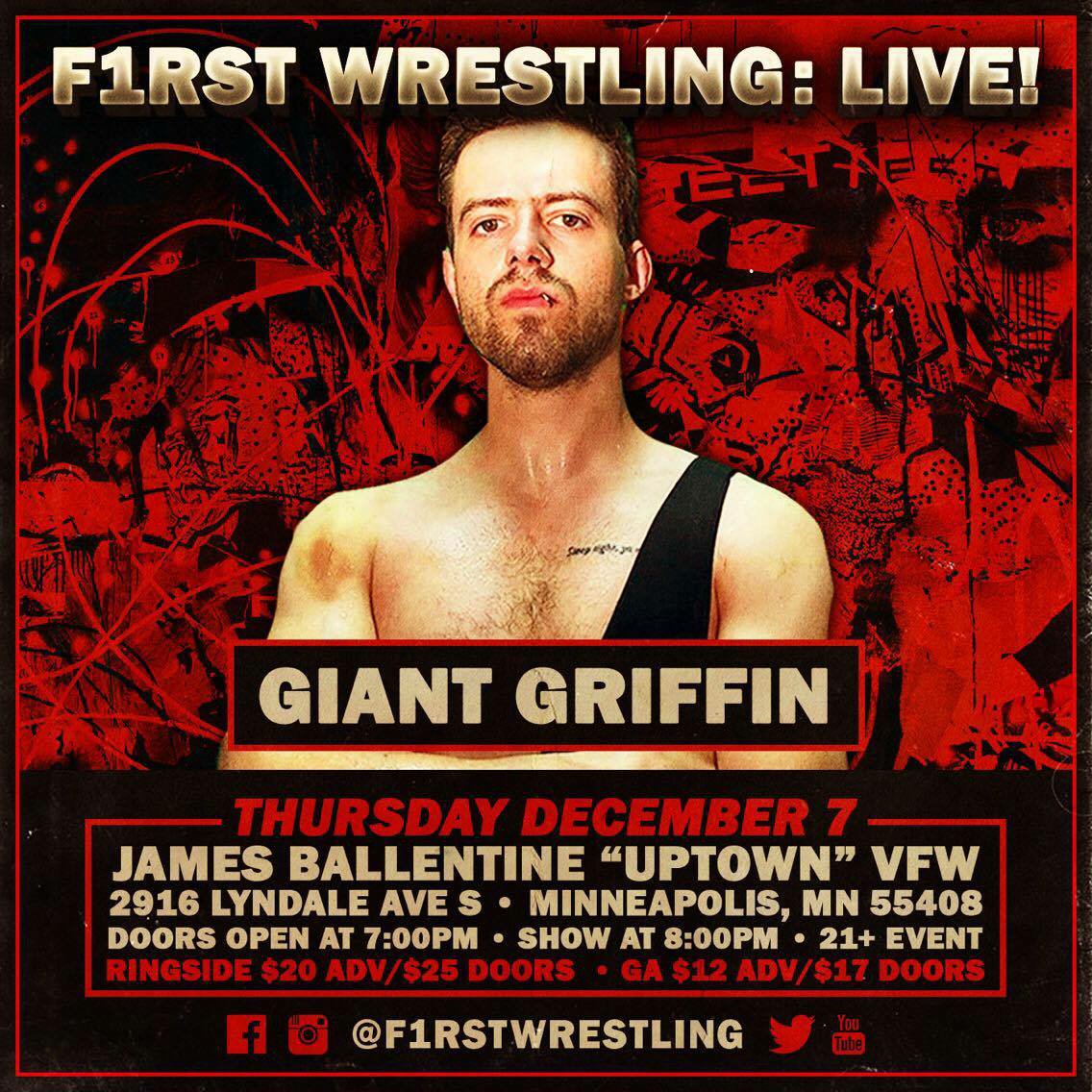 real_giant's tweet photo. Get tickets now before they sell out! Giant Griffin's got a holiday chokeslam for ya! Thursday, December 7th.  @f1rstwrestling @UptownVFW  https://t.co/Qg7SRkxM4Y https://t.co/0SrjwdsXe8