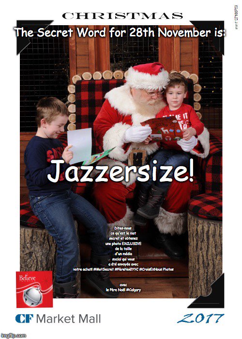 BelieveImaging's tweet photo. The Secret Word for 28th November is: Jazzersize!
Tell us what the secret Word is & get an EXCLUSIVE social-media-sized picture emailed to you with your purchase!
#SecretWord
#SantaYYC
#BelieveInWe
#SantasPics https://t.co/GnbkQMNhzh