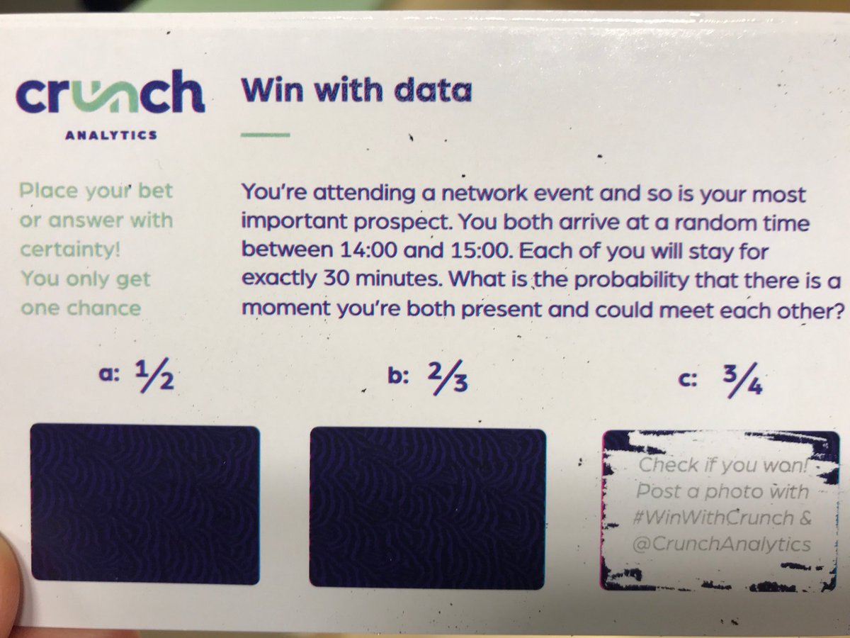 peter_v's tweet photo. At #datascience Ghent, we got this riddle (I presume, it is 0.5 — 1.0 — 0.5 so average 0.75; curious ...) #WinWithCrunch @crunchanalytics https://t.co/gaUY5gtkDS