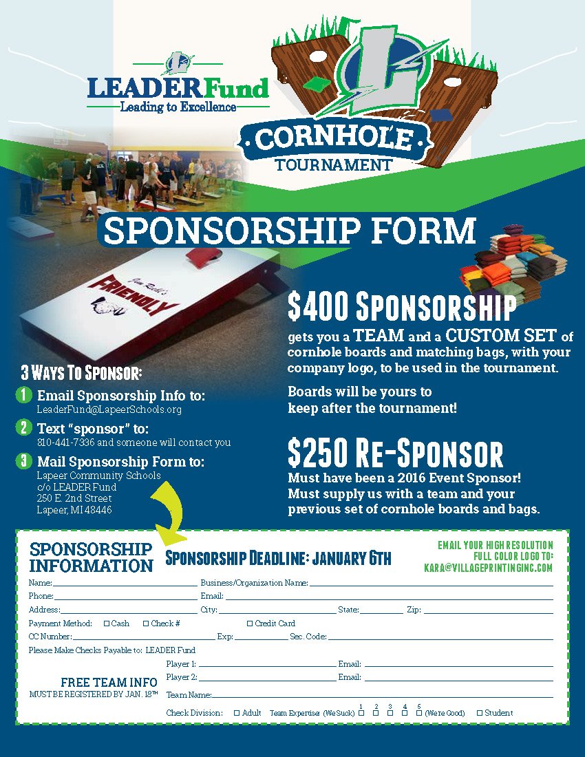LeaderFund's tweet photo. It's #Cornhole time! Check out all of the details here...https://t.co/WBykBGsR5d or sign up on our website...https://t.co/qYiNF5kBbG  See you on the 20th! @LeaderFund @Lapeerschools @LapeerAthletics @LapeerHSChoirs @LapeerStuco @Lightning_2018 https://t.co/LqDfcWCV2b