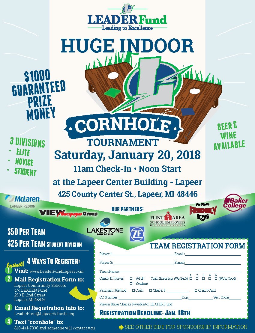 LeaderFund's tweet photo. It's #Cornhole time! Check out all of the details here...https://t.co/WBykBGsR5d or sign up on our website...https://t.co/qYiNF5kBbG  See you on the 20th! @LeaderFund @Lapeerschools @LapeerAthletics @LapeerHSChoirs @LapeerStuco @Lightning_2018 https://t.co/LqDfcWCV2b