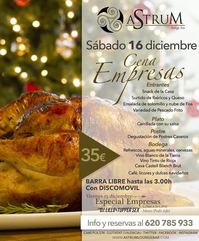 AstrumLoungeBar's tweet photo. ¿Aún no sabéis dónde hacer la cena de empresa esta Navidad? Os hemos preparado una noche muy especial en #Llutxent . Cena, Barra libre y disco móvil 🍴🍸🎼 https://t.co/EEnZm33ZKV