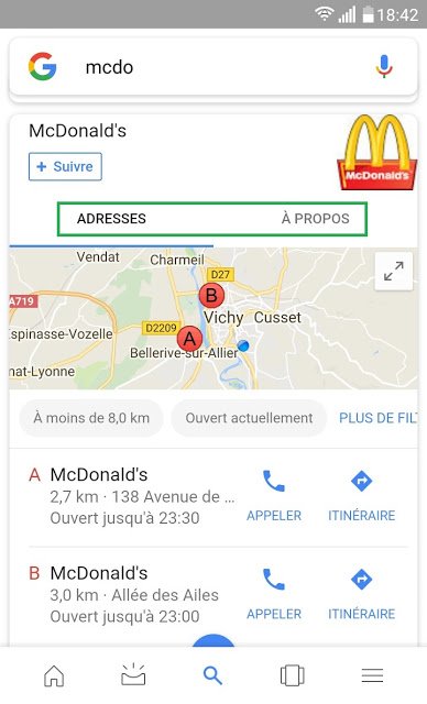 Boussemaer_pro's tweet image. Le nouveau #GoogleLocalPack affiche désormais 2 onglets sur mobile : Adresses (le #LocalPack actuel avec les différentes adresses de l’entreprise) &amp;amp; A propos (informations du #KnowledgePanel).arobasenet.com/2017/11/knowle…