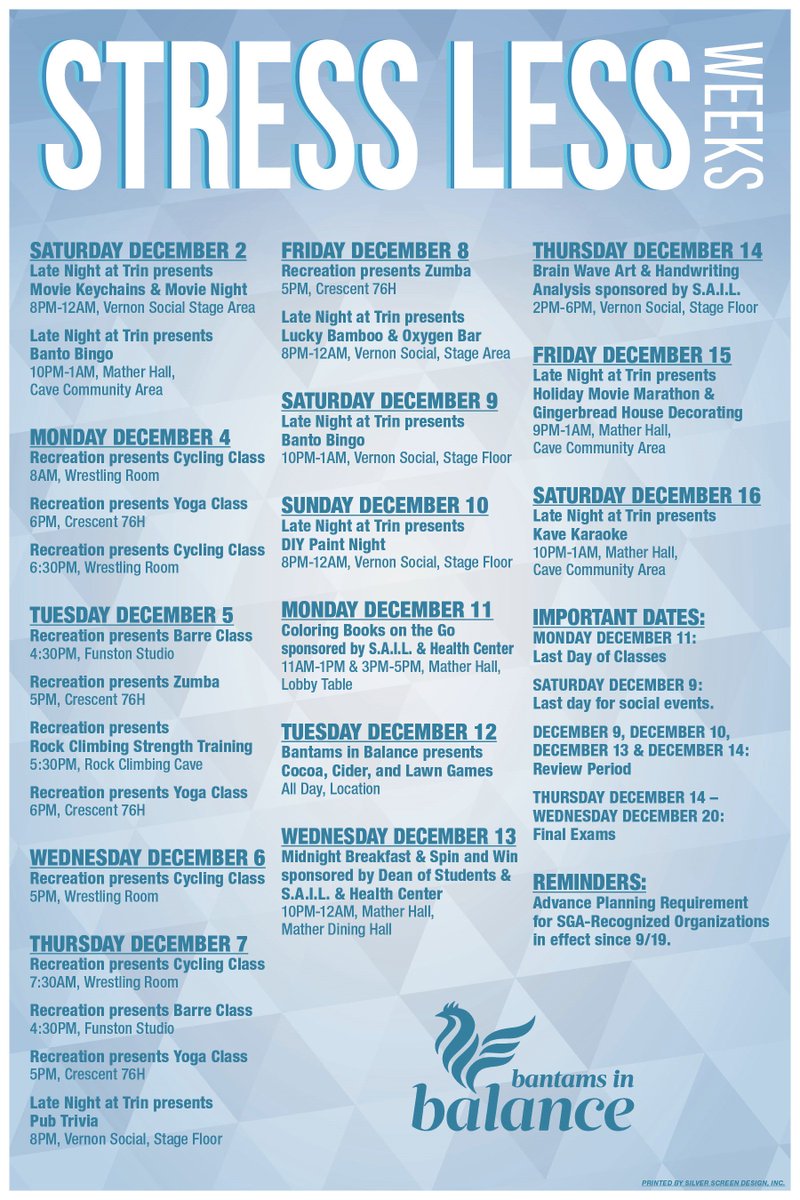 Looking to reduce the stress of finals? Check out these events to keep you sane and focused in these upcoming weeks!