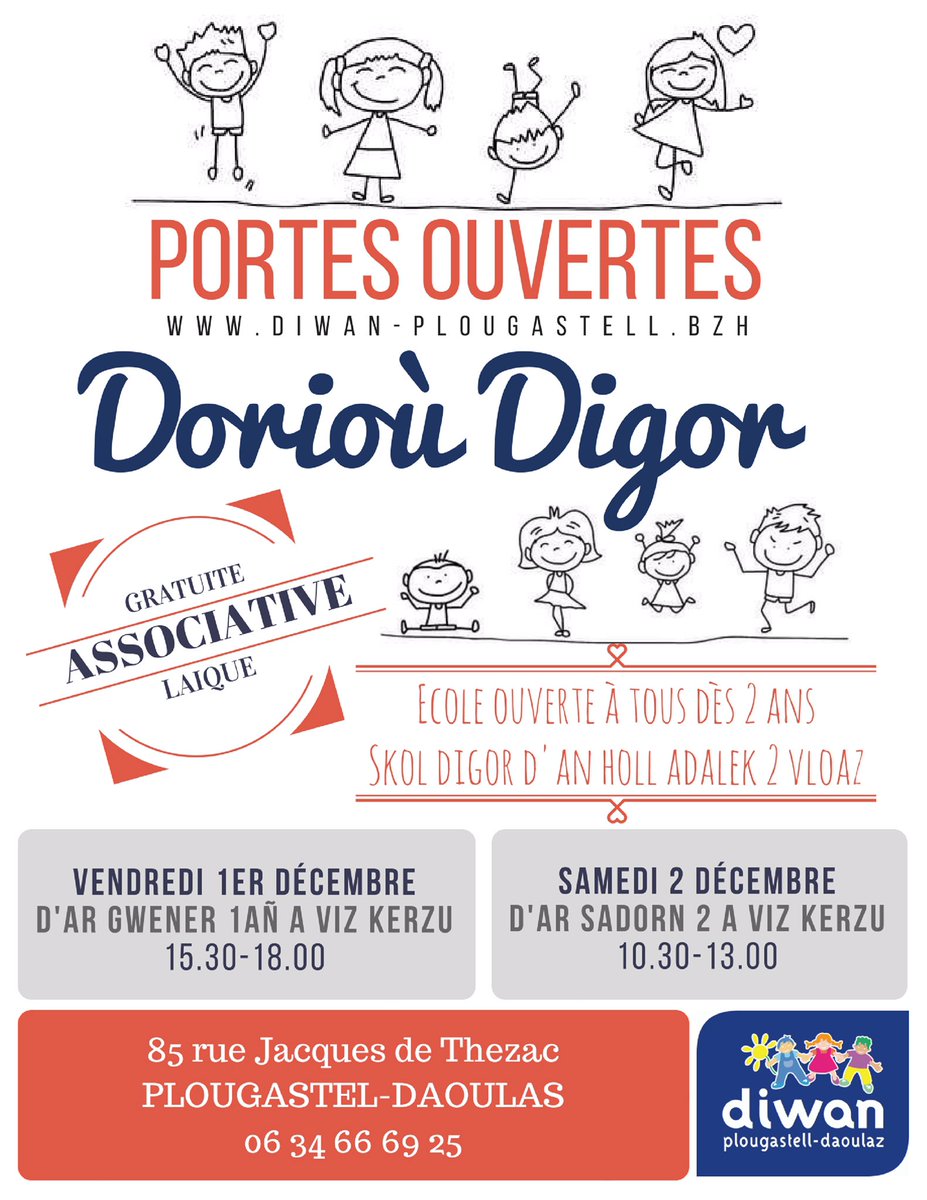 Les premières portes ouvertes de <a href="/DiwanPlougastel/">Diwan Plougastell</a> se dérouleront ce 1er vendredi et samedi 2 décembre !Deuit dizoleiñ ac'hanomp!