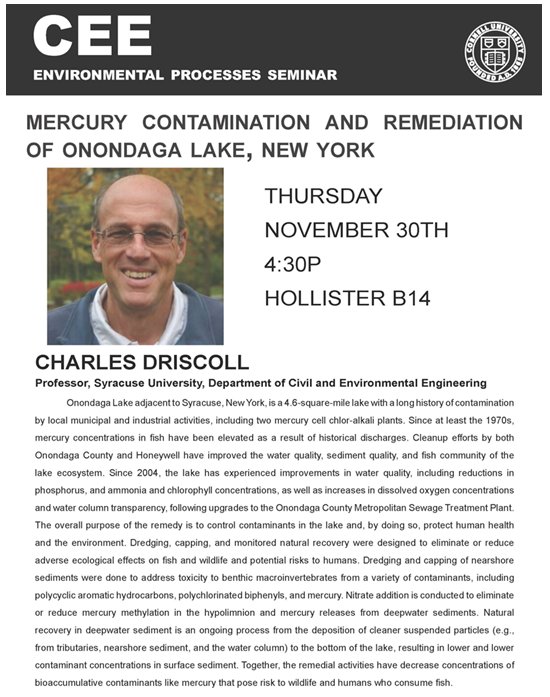ctdrisco's tweet photo. Charles Driscoll to talk about mercury contamination on Thursday, November 30 at Cornell University https://t.co/iKi7en8c0y