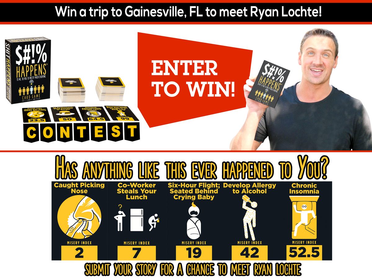 ShitHappensGame's tweet photo. WIN a TRIP for 2 and have dinner with @RyanLochte at the @SwampRestaurant! Enter here: https://t.co/ftRIDhnECq &amp; watch this! https://t.co/EVLeLBFAcX https://t.co/3zFnsBWauU