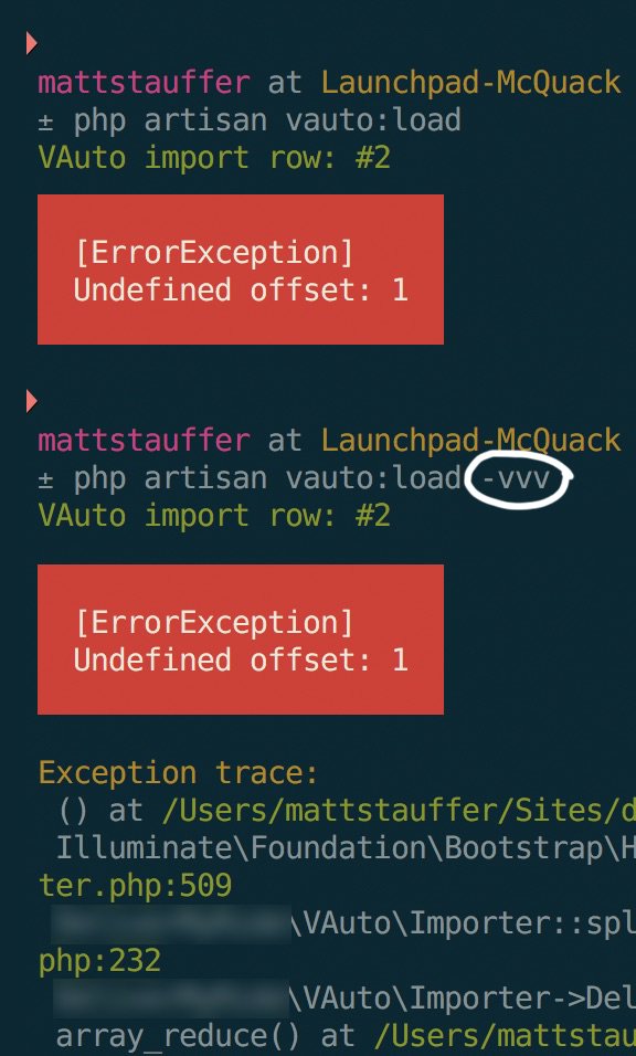 stauffermatt's tweet image. Tired of cryptic errors in your @laravelphp Artisan commands? Did you know you can specify the verbosity level with -v/-vv/-vvv and get full stack traces?