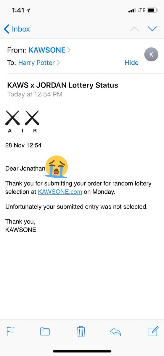 Got my email confirming the L, wish it was FCFS. #Kaws #Kaws4