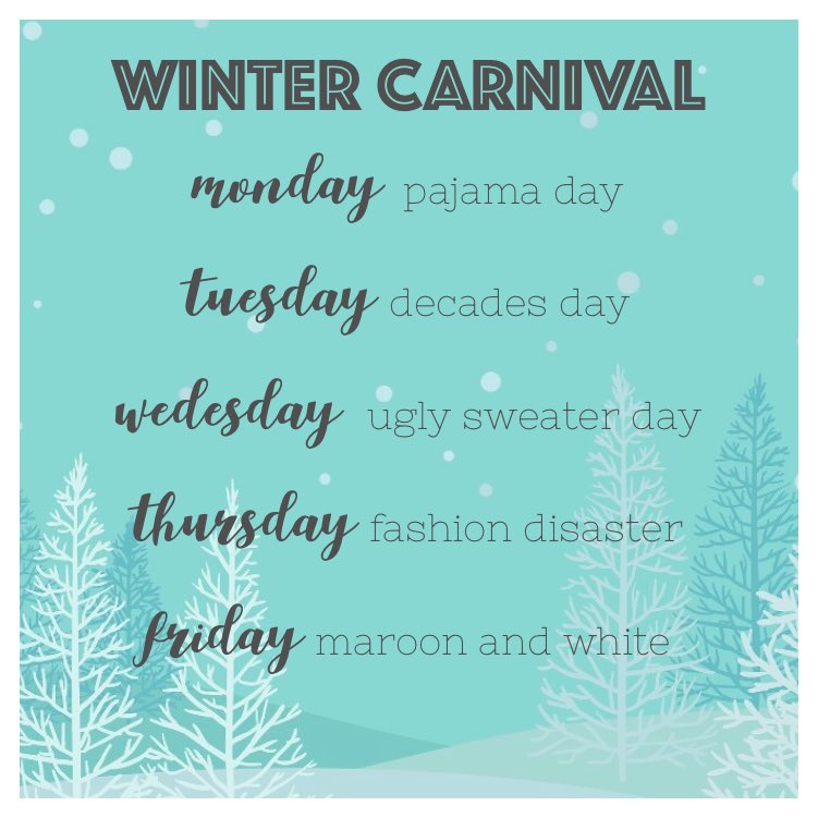 greely_events's tweet photo. What's better than one spirit week? two spirit weeks!!! Here are our themes for Winter Carnival week❄️☃️ To clear up any confusion, the Snowball Dance is this Friday, Dec 1, and the themed dress up days and Winter Carnival activities are next week Dec 4-8. Go hard or go home! https://t.co/HHsZTwEnwp