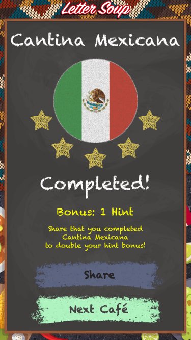 I just completed Cantina Mexicana in Letter Soup!

Download FREE for iOS:
LetterSoupCafe.com