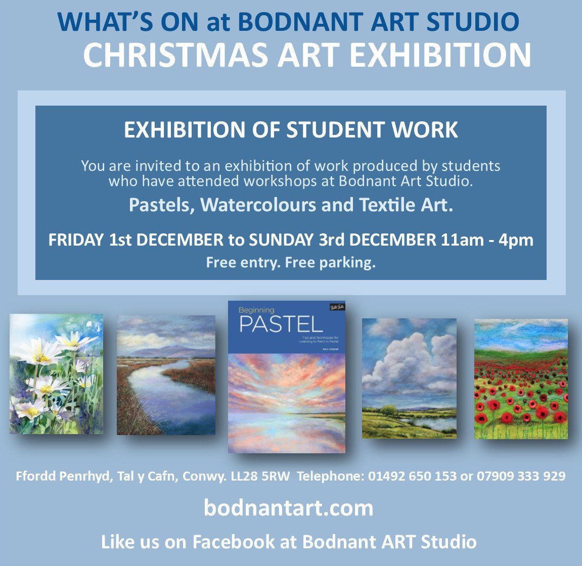 Come along to BODNANT ART STUDIO'S CHRISTMAS EXHIBITION featuring work by students who have attended workshops in 2017. Lots of lovely artwork for sale. Friday 1st - Sunday 3rd December 11am - 4pm!