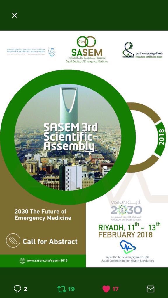 azizalrabiah's tweet photo. #SASEM2017
مؤتمر الجمعيه السعوديه ل #طب_الطوارىء .. اطباء وطبيبات طب الطوارئ، #التمريض #الخدمات_الطبيه_الطارئه ، طلاب وطالبات الكليات الصحيه. https://t.co/njvONqVSt5