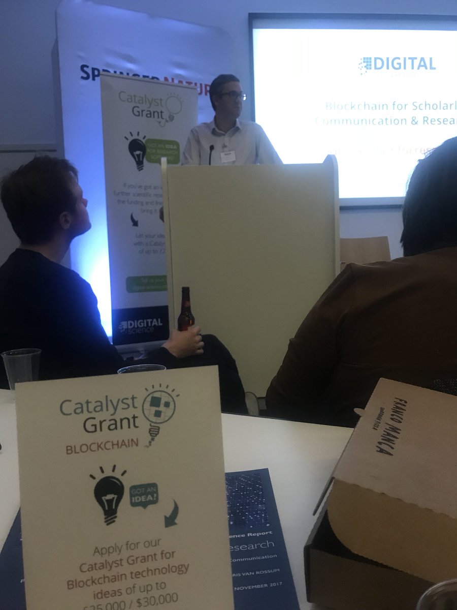 laurawheelers's tweet image. It’s @jontreadway opening at the #blockchainforresearch event! Plus our new Catalyst Grant flyer aimed just at blockchain tech for research